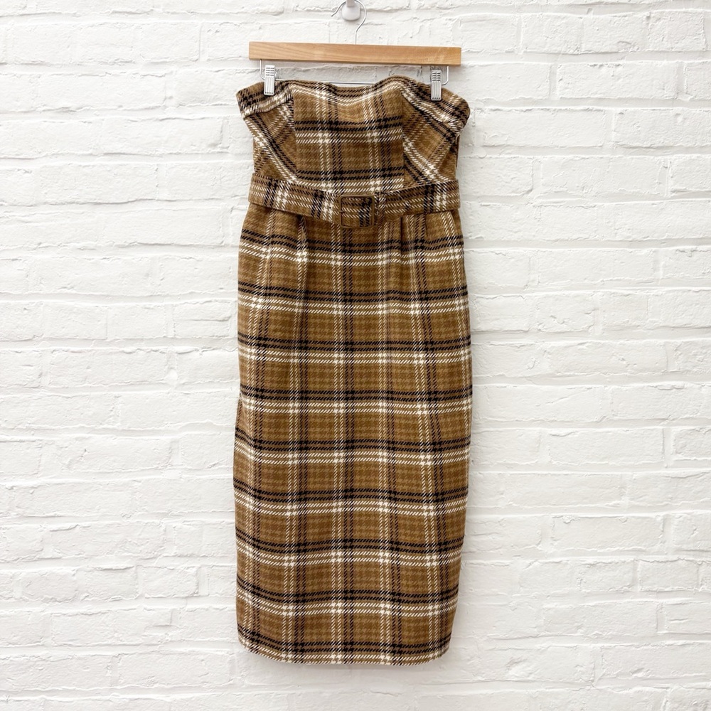 Anthropologie || Plaid Belted Midi Dress Pencil Straight‎ Wool Brown 6